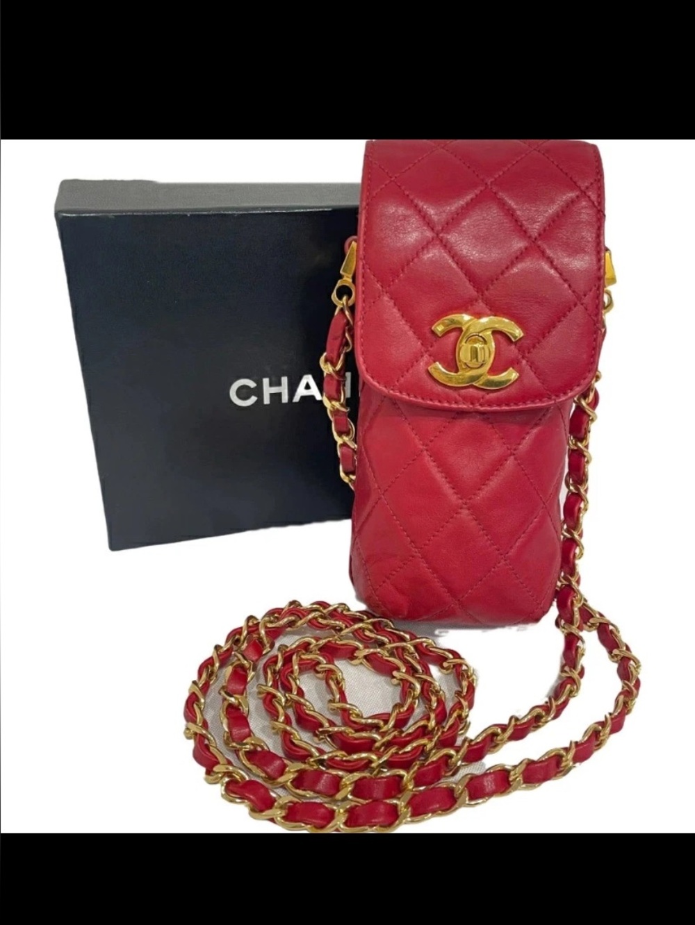 CHANEL Quilted Red Leather Crossbody Phone Pouch with Gold CC